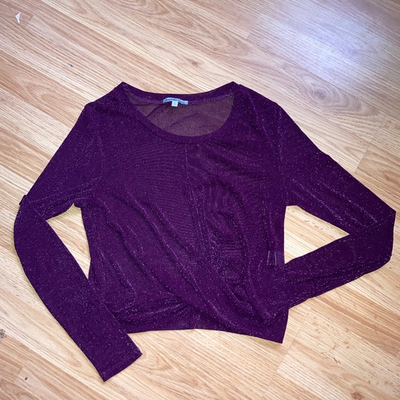 Semi Sheer Sparkle Knot Front Long Sleeve Top Burgundy Party Holiday Night Out - Picture 6 of 8